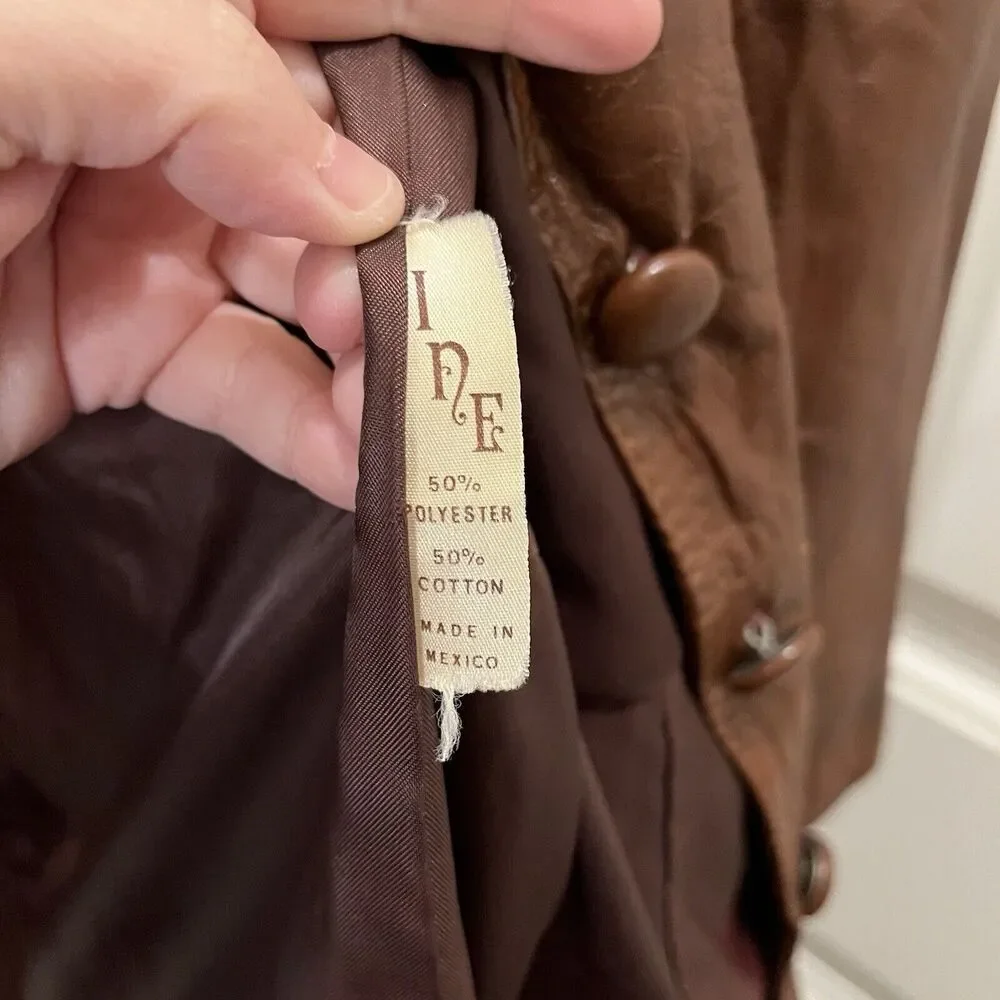Women's Breton Brown Genuine Leather Western Button Belted Jacket Size L Boho